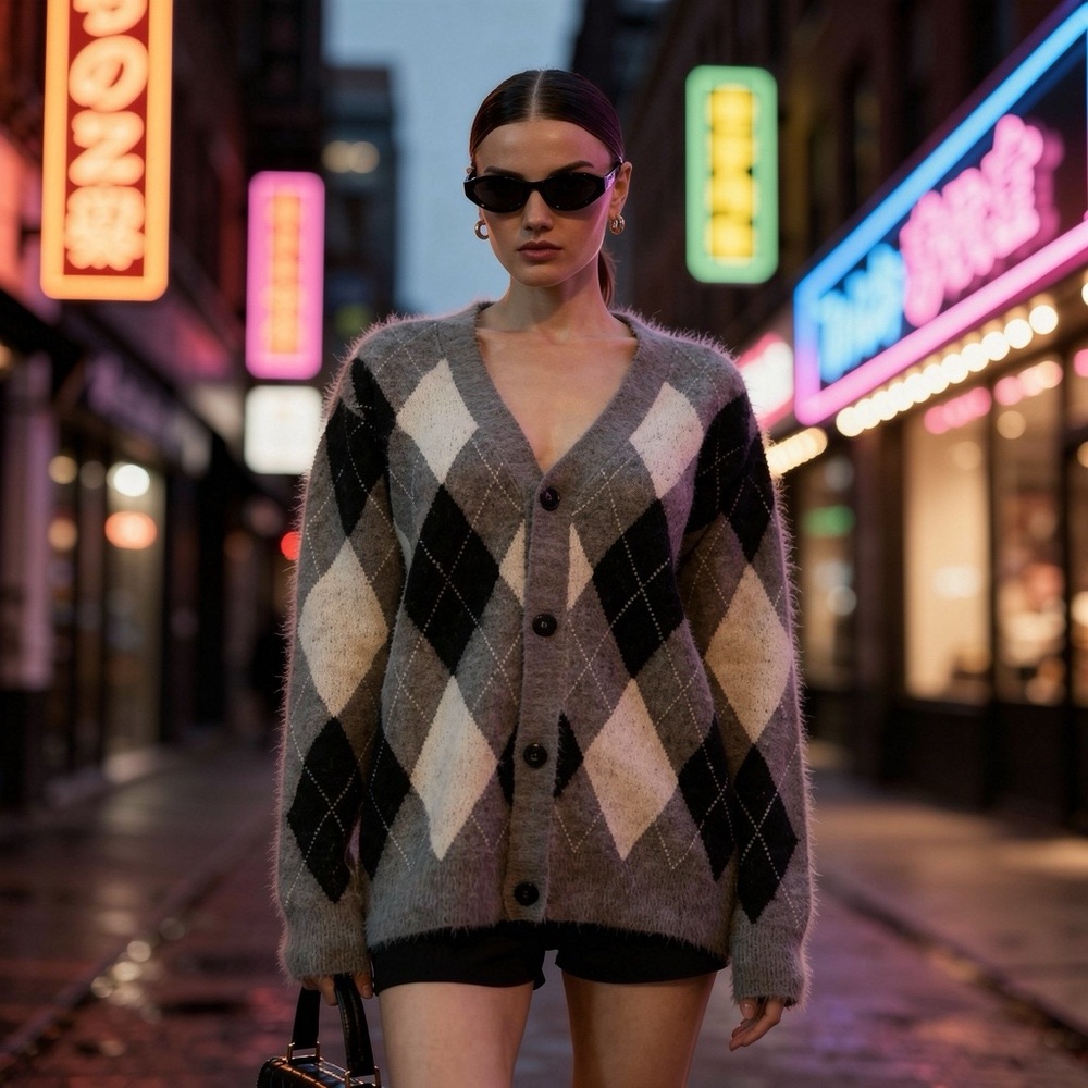 WAO Oversized Argyle Cardigan